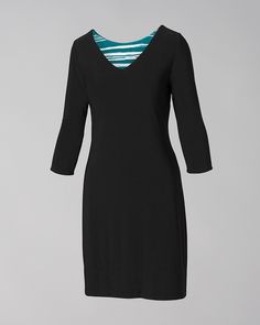 Why you’ll love it: Get four looks from this one amazing dress that goes from day into night. Wear it with the V-neckline in front or back and flip it inside out to go from solid to stripes. Great for travel, it doesn't wrinkle! Details V-neckline. 3/4-length sleeves. 38" from shoulder. 95% polyester, 5% spandex. Machine wash cold. Imported. Online Exclusive. Black Travel Dress, Reversible Clothing, Reversible Dress, Soma Intimates, The Vanishing, Travel Dress, Night Wear, Under Dress, Swim Skirt