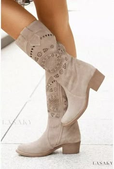 Lasaky - High-cut boots with suede material, burnt flower design, and convenient side zipper Mommy Clothes, Bota Country, Womens High Boots, Unique Boots, Rough Heels, Long Faux Fur Coat, Camo Fashion, Footwear Fashion, Womens Sweatshirts Hoods