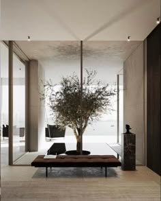 a living room filled with furniture and a tree in the middle of it's center