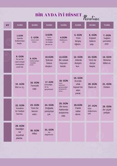 a purple and white calendar with the dates for different events in each month on it