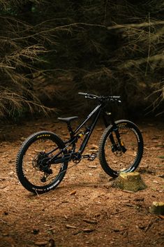 a black mountain bike parked in the woods