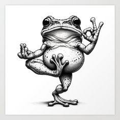 a black and white drawing of a frog with its legs spread out in the air