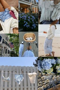 the collage shows many different pictures including clothes, flowers, and other things in front of a white picket fence