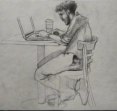 a drawing of a man sitting at a table using a laptop