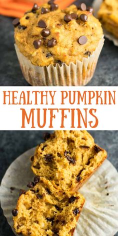 healthy pumpkin muffins with chocolate chips on top