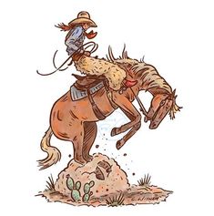 a cowboy riding on the back of a bucking bronco in an open field