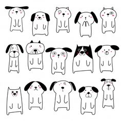 a bunch of dogs that are drawn in different styles and sizes, including one dog with eyes