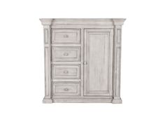 a white wooden cabinet with drawers and doors