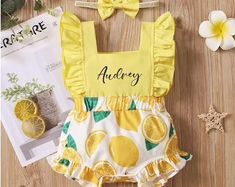 Lemon Clothes, Romper Photoshoot, Lemon Outfit, 1st Birthday Themes Girl, Jasmine Halloween Costume, Lemon Clothing