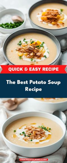 the best potato soup recipe is in two bowls and ready to be eaten on the table