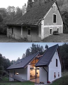 before and after photos of a house in the woods