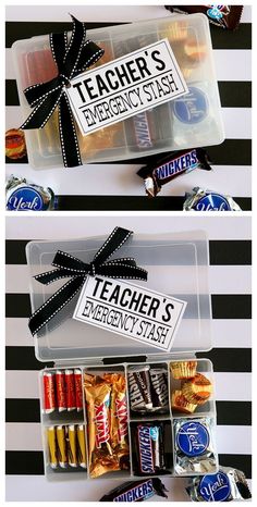 teacher's emergency box filled with candy and candies, labeled teachers emergency stash