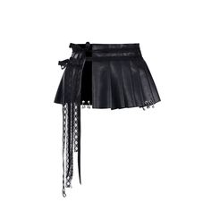 Edgy pleated mini skirt in sleek jet black faux leather. Features an asymmetrical design with a longer panel on one side. Adorned with multiple decorative elements including buckle straps, silver rings, and dangling chains. Velvet accents add textural contrast. Pleated structure provides movement and flexibility. Model info Height: 175cm Wearing size：F Punk Mini Skirt, Making Outfits, Velvet Accents, Angel Dress, Leather Mini Skirt, Skirt Belt, Gothic Punk, Decorative Elements, Asymmetrical Design