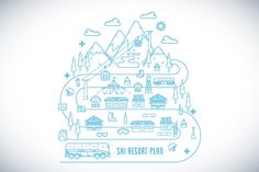 a blue and white illustration with the words san resort plan in it's center