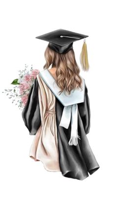 a drawing of a woman in graduation cap and gown with flowers on her lap, holding a bouquet of roses