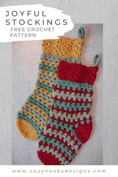 a crocheted stocking hanging on the wall with text overlay that reads joyful stockings free crochet pattern