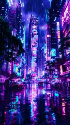 the city is lit up at night with neon lights and rain falling down on it