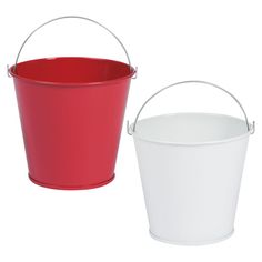 two white and red buckets with handles