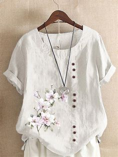 Mulheres Camisa Social camisa de linho Blusa Algodão Linho Floral Diário Férias Para Noite Branco Amarelo Rosa Imprimir Botão Manga Curta Vintage Férias Casual Gola Redonda Normal Verão Primavera de 2024 por $25.99 Linen Fashion, Linen Tshirts, Linnet, Plus Size Shorts, Floral Print Shorts, Mongolia, Sleeves (women), Sierra Leone, Seychelles