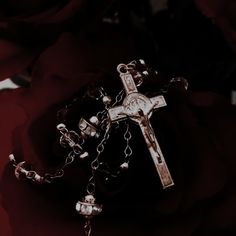 a cross and rosary on a red rose in the dark with light shining through it