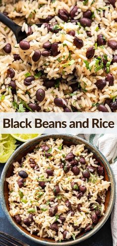 black beans and rice in a skillet with limes, cilantro and parsley on the side