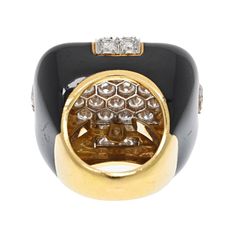 Elegant ring with lots of fire and wow factor set with diamonds finished with black enameling all throughout. David Webb's Checkmate ring is sure to become a perfect gift for any occasion. Black and white make a perfect combination for any accessory and when it's in jewelry it makes it extra special since you can then combine with practically any item in your wardrobe. This ring is not small just like any ring from David Webb you are guaranteed to have a bold and striking jewel that is quality a Luxury Black Enamel Ring, Black Enamel Diamond Ring In Fine Jewelry Style, Black Diamond Enamel Ring Fine Jewelry, Luxury Black Enamel Ring With Diamond, Black Diamond Enamel Ring For Anniversary, Designer Black Enamel Rings For Gift, Luxury Diamond Enamel Ring With Polished Finish, Luxury Diamond Enamel Ring, Luxury Enamel Ring With Diamond Accents