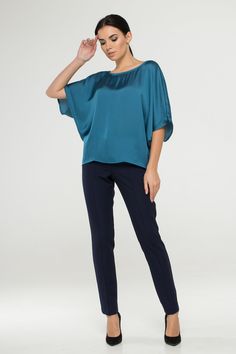 "A soft satin blouse featuring a boat neckline, half dolman sleeves, loose silhouette, and a relaxed fit. - kimono style blouse - loose silhouette - boat neck - half sleeves - Color: blue Fiber: 30% viscose, 70 % polyester. You may feel free choosing the size. Just send us your measurements (bust, waist, hips, height). We will define your correct size. SIZE CHART XS __ EU 34 __ US 4 bust: 31,5\" | 80 cm waist: 24,5\" | 62 cm hips: 34,5\" | 88 cm S __ EU 36 __ US 6 bust: 33,0\" | 84 cm waist: 26, Loose Tops For Women, Blouse Satin, Boat Neck Blouse, Blue Kimono, Pink Summer Dress, Dolman Sleeve Tops, Casual Belt, Kimono Style, Style Blouse