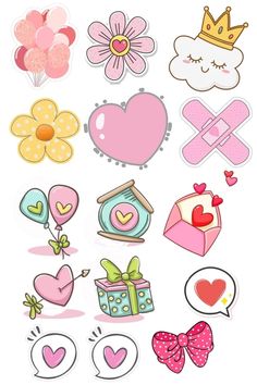 various stickers with hearts, flowers and other things