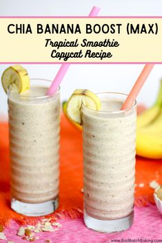 two glasses filled with chia banana booster smoothie