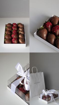 three pictures of chocolate covered strawberries in a white box and tied with a ribbon