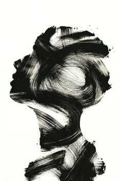 a black and white drawing of a woman's head with her hair pulled back