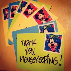 a bunch of post it notes with mickey mouse pictures on them that say thank you meeseering