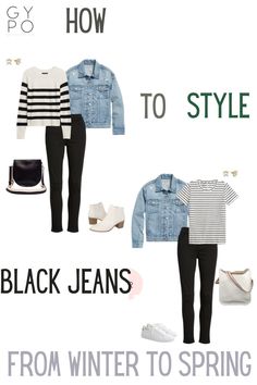 Spring Outfits With Black Jeans, Jeans With Black Top Outfit, Jeans And Sneakers Outfit Spring, Black Jeans Spring Outfit, Black And Denim Outfits, Cute Church Outfits For Winter, Black Jeans Outfit Work, Chilly Spring Outfits Casual, Styling Black Jeans