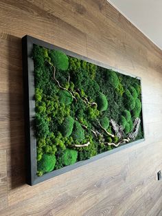 a moss covered wall mounted to the side of a wooden wall with a river running through it