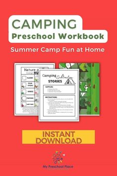 the camping preschool workbook for summer camp fun at home is shown in red and green