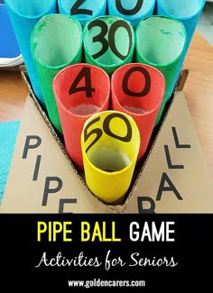 a box filled with pipe ball game activities for seniors