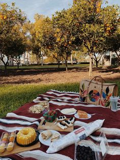 a picnic blanket with food on it in the grass next to an orange tree filled field