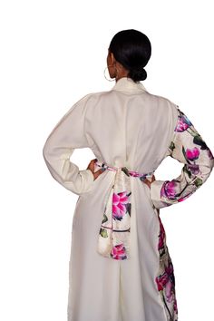 white silk bride kimono robe Cream Wedding Robe For Spring, Chic Silk Robe With Kimono Sleeves, Cream Wrap Kimono For Spring, Spring Satin Wrap Kimono, Elegant Beige Kimono For Wedding, Elegant White Open Front Robe, Elegant Beige Wedding Kimono, Elegant Wrap Kimono With Floral Print, White Floral Print Wrap Kimono