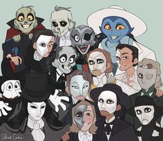 a group of people with masks on their faces, all dressed in black and white