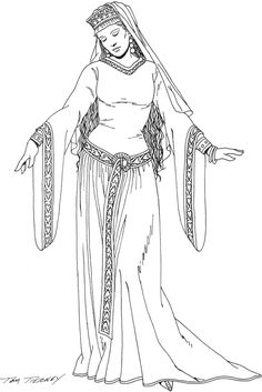 a drawing of a woman dressed in medieval clothing and holding her arms out to the side