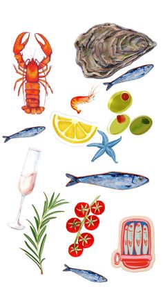 watercolor painting of seafood and wine