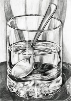 a pencil drawing of a glass with spoons in it and water on the side