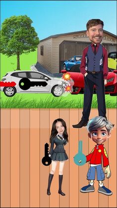 an animated man standing on top of a wooden floor next to two cartoon girls and a car