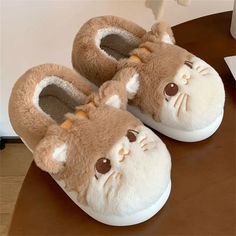 Cute Cat Cotton Slippers Mushroom Slippers, Cat Eat, Kawaii Store, Cat Slippers, Animal Slippers, Brown Cat, Winter Slippers, Plush Pattern, Kawaii Animals