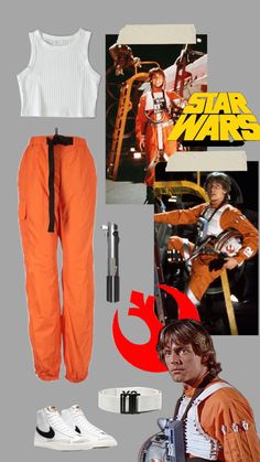 the star wars character is wearing an orange outfit and white shirt with black tie, sneakers,