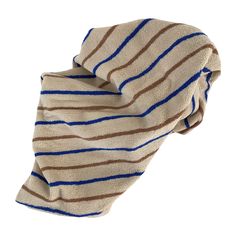 a brown and blue striped blanket on top of a white surface with no one in it