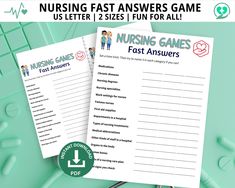 two printable nursing game sheets with the words nursing games on them and an image of medical