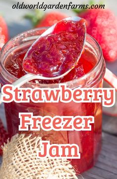 strawberry freezer jam in a jar with a spoon