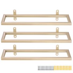 three wooden shelfs with hooks and screws on each side, set of 3