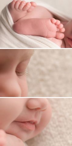 two photos of a baby's face and feet, one is sleeping the other is laying down